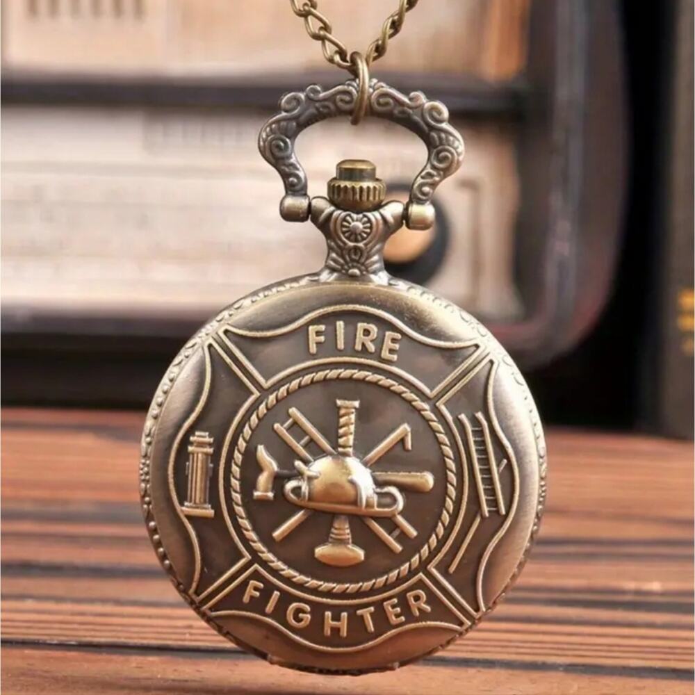 Firefighter Fireman Pocket Watch Gold Mens Valentine's Birthday VTG Fashion Gift